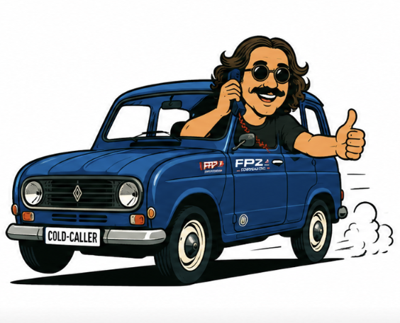 Illustration : Florian au volant de sa 4L « Cold-Caller », téléphone à la main, pouce levé